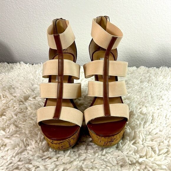 Steve Madden Selinah Cork Wedge Heels Open Toe Elastic Straps Beige Size 7.5 - Picture 2 of 11